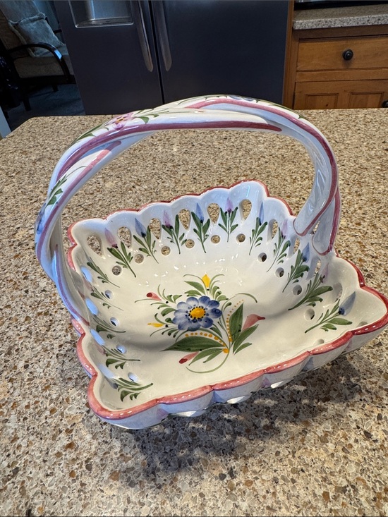 Other - Vintage RCCL Hand Painted Porcelain Floral Basket Bowl Braided Handle Portugal